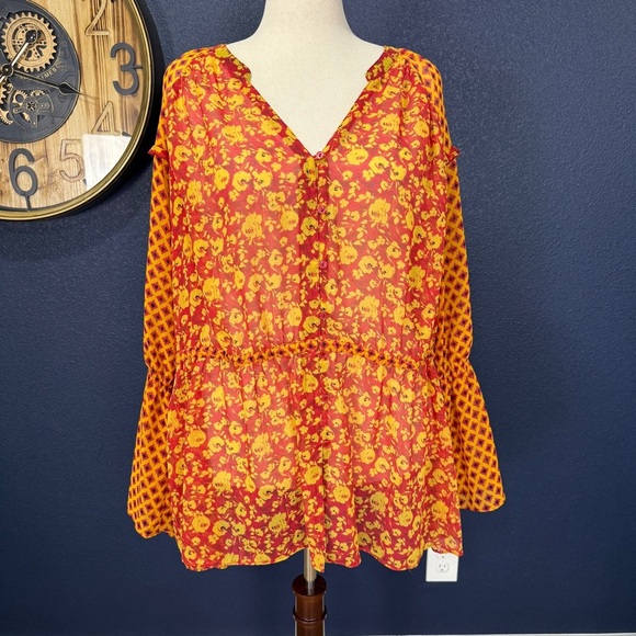 Lane Bryant Orange & Yellow Sheer Floral Blouse Peasant Top Plus Size 26/28 - Picture 1 of 8
